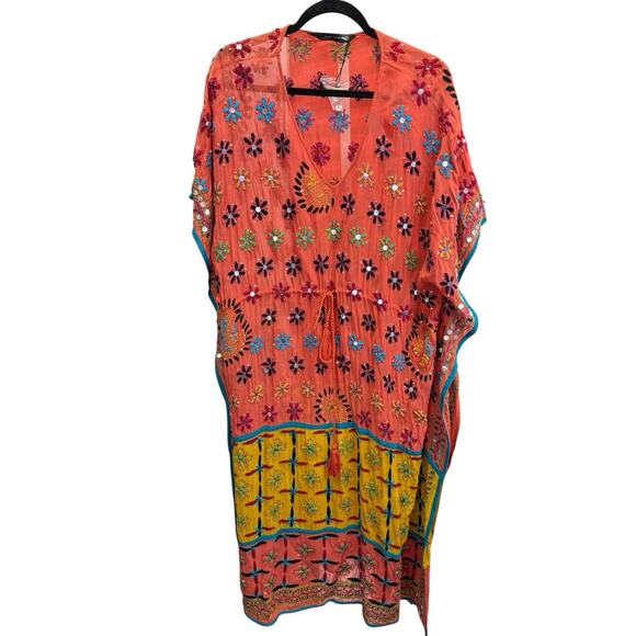 NWT Zara Embroidered Beaded Kaftan Dress M Boho Ethnic Viscose Colorful Maxi - Picture 5 of 13